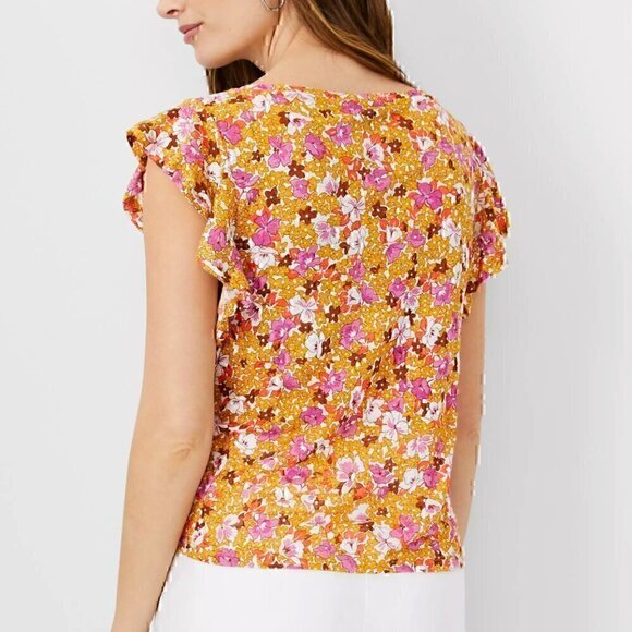 ANN TAYLOR Floral Linen Flutter Sleeve Tee White Mustard Pink Short Sleeve Top S - Picture 3 of 12